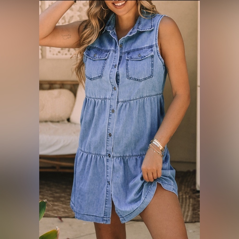 Sleeveless Denim High Waist Button front Dress Tiered Skirt Boho Western Medium - Picture 3 of 13